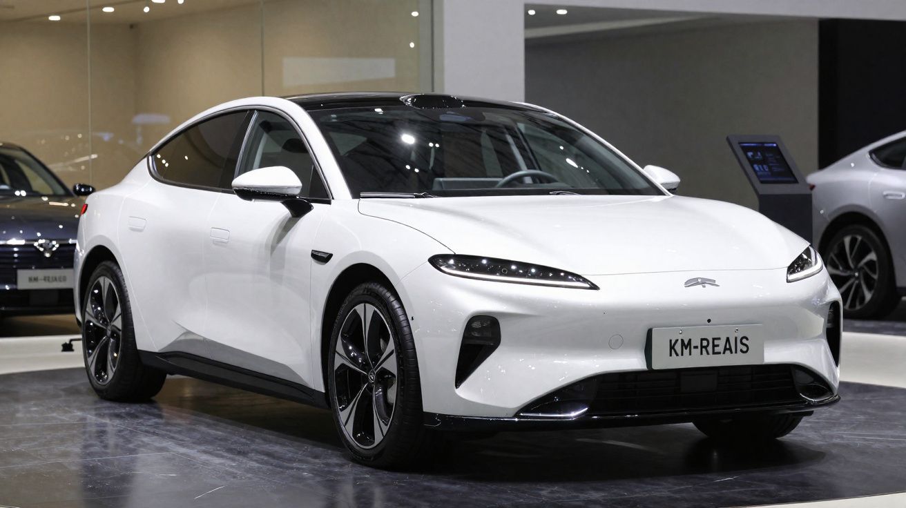 Carro elétrico branco moderno em exposição, com design aerodinâmico e faróis estreitos em LED.