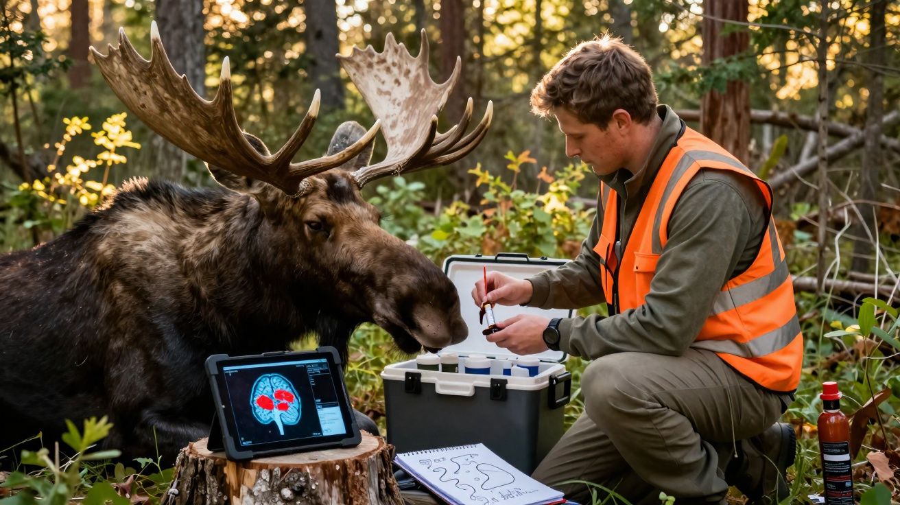 Biólogo em colete laranja coleta amostras próximo a um alce em floresta ao entardecer.