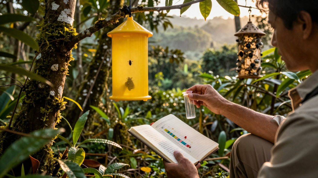 Pessoa observando armadilha para insetos amarela pendurada em árvore em ambiente natural com caderno de anotações.