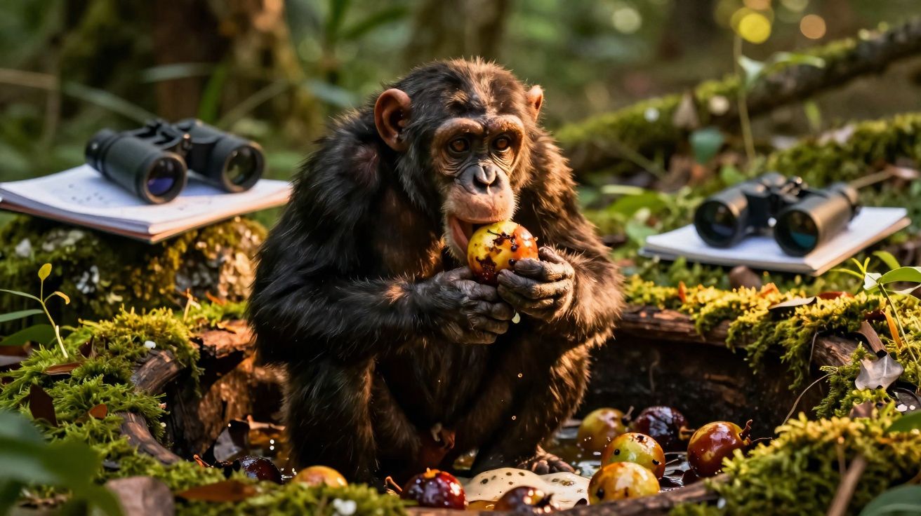 Chimpanzé comendo fruta em ambiente de floresta, cercado por binóculos e blocos de notas.