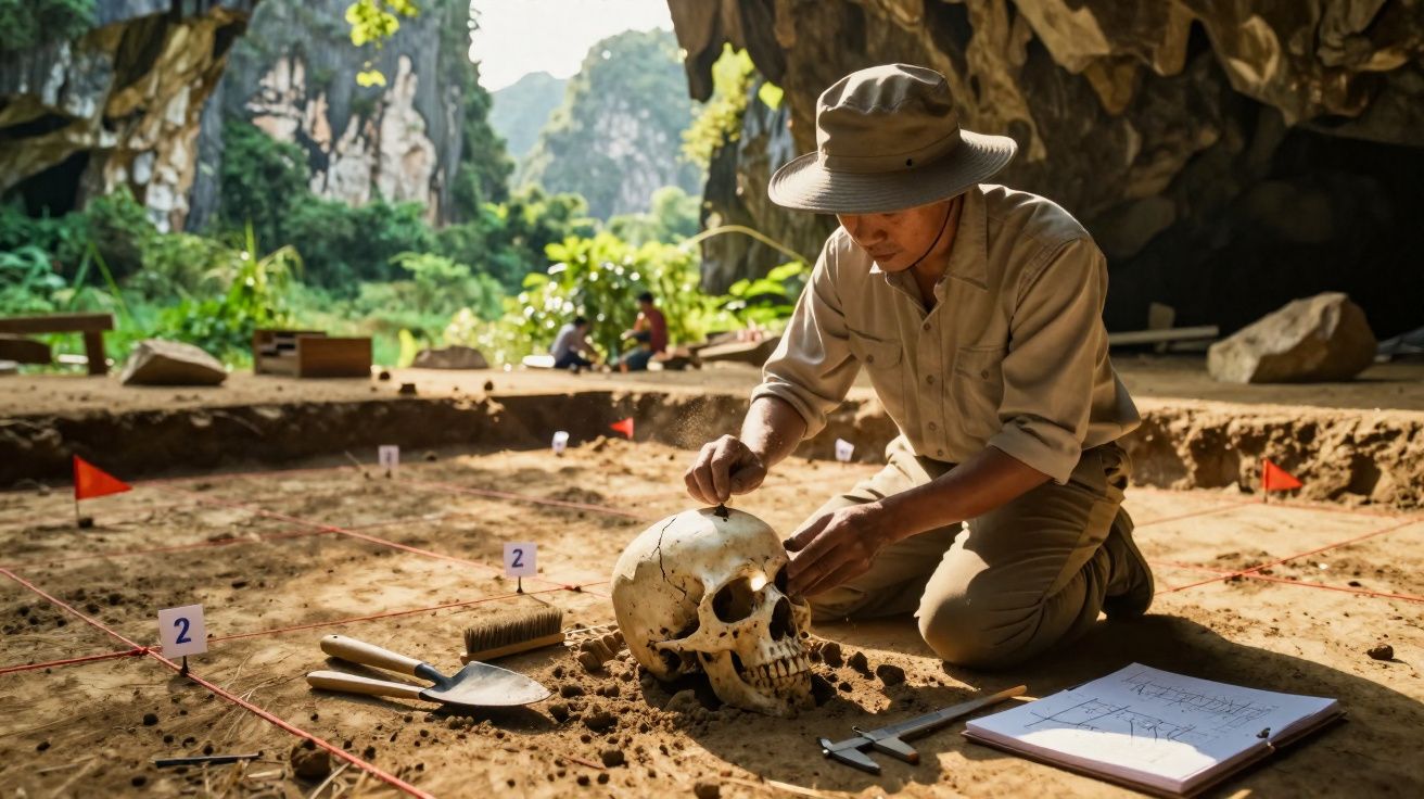Arqueólogo escavando e limpando um crânio humano em sítio arqueológico ao ar livre.