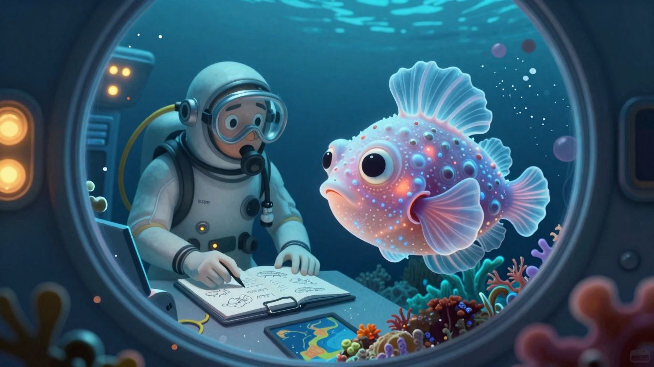 Astronauta em submarino observa e desenha um peixe colorido e expressivo no fundo do mar.
