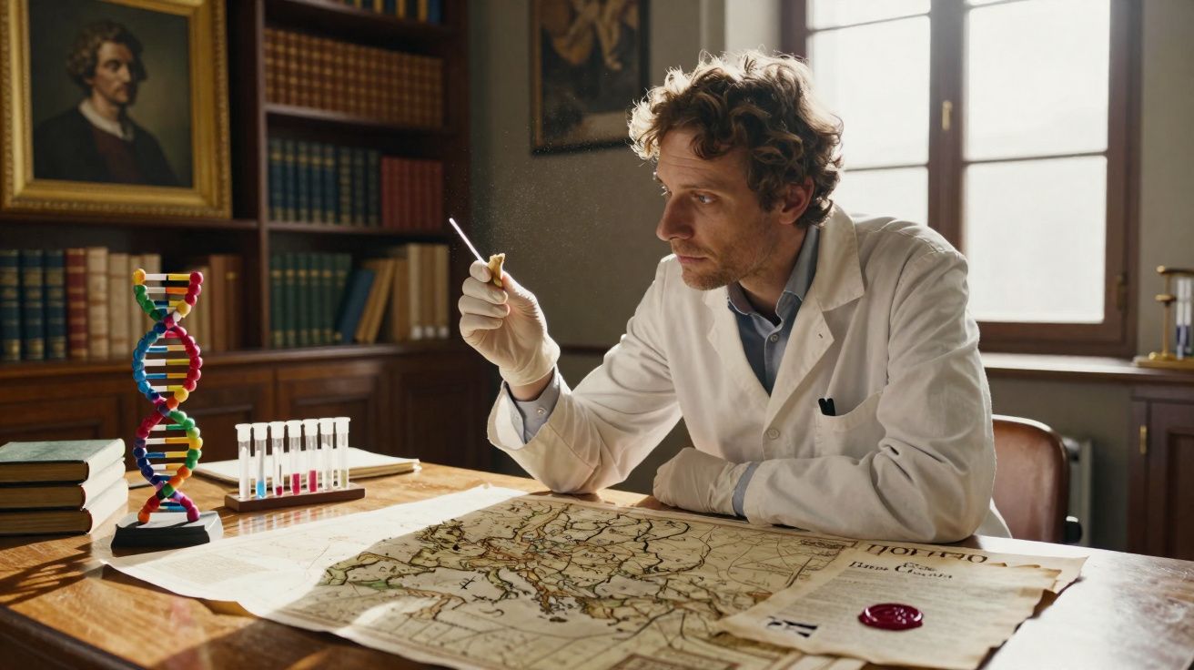 Homem de jaleco branco analisa amostra em ambiente de escritório com mapa e modelo de DNA sobre a mesa.