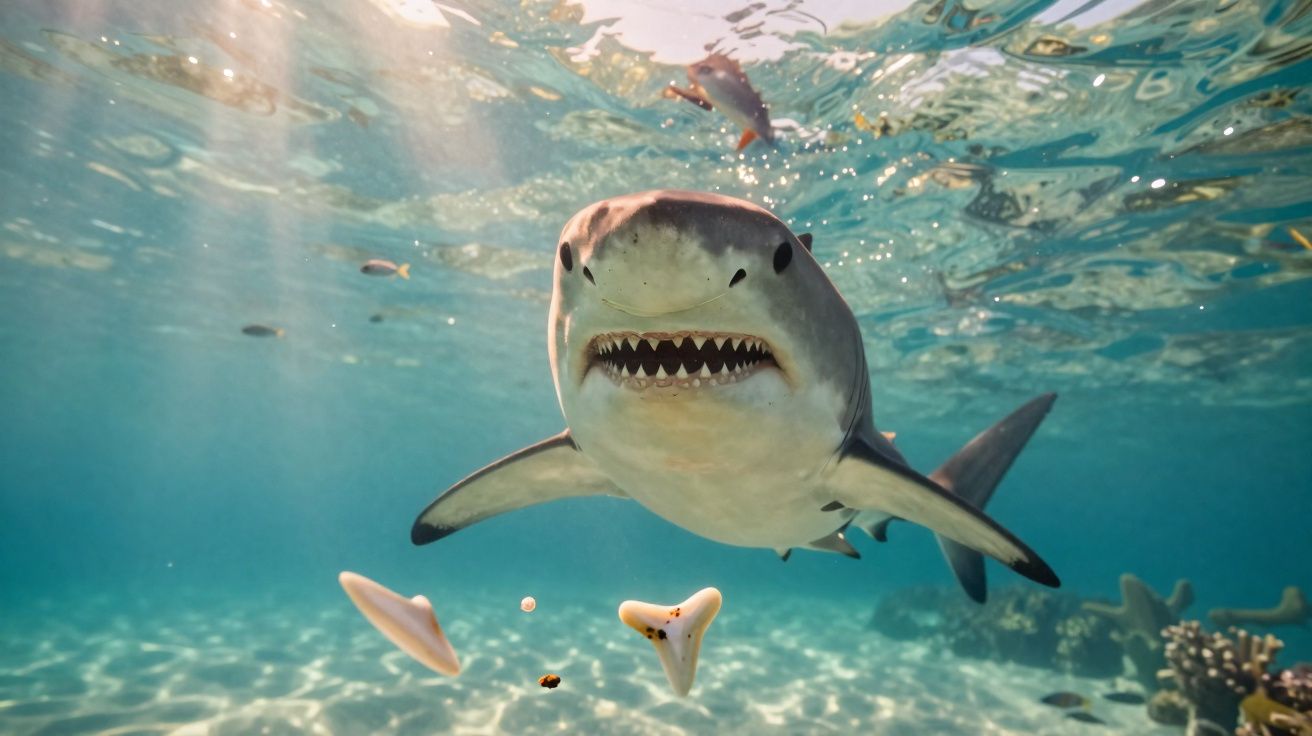 Tubarão nadando de frente em água clara com pedaços de alimento ao redor no fundo do mar.