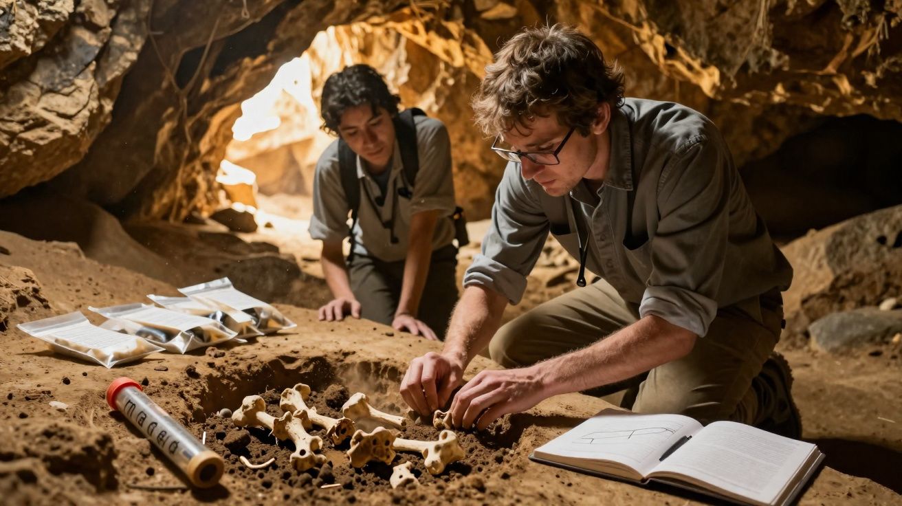 Dois arqueólogos estudam ossos antigos em escavação dentro de uma caverna iluminada.