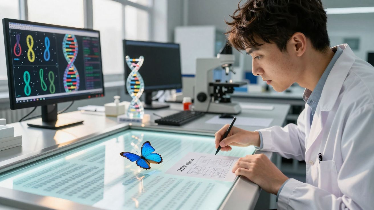 Cientista em laboratório analisando dados genéticos em mesa digital com borboleta azul e telas ao fundo.