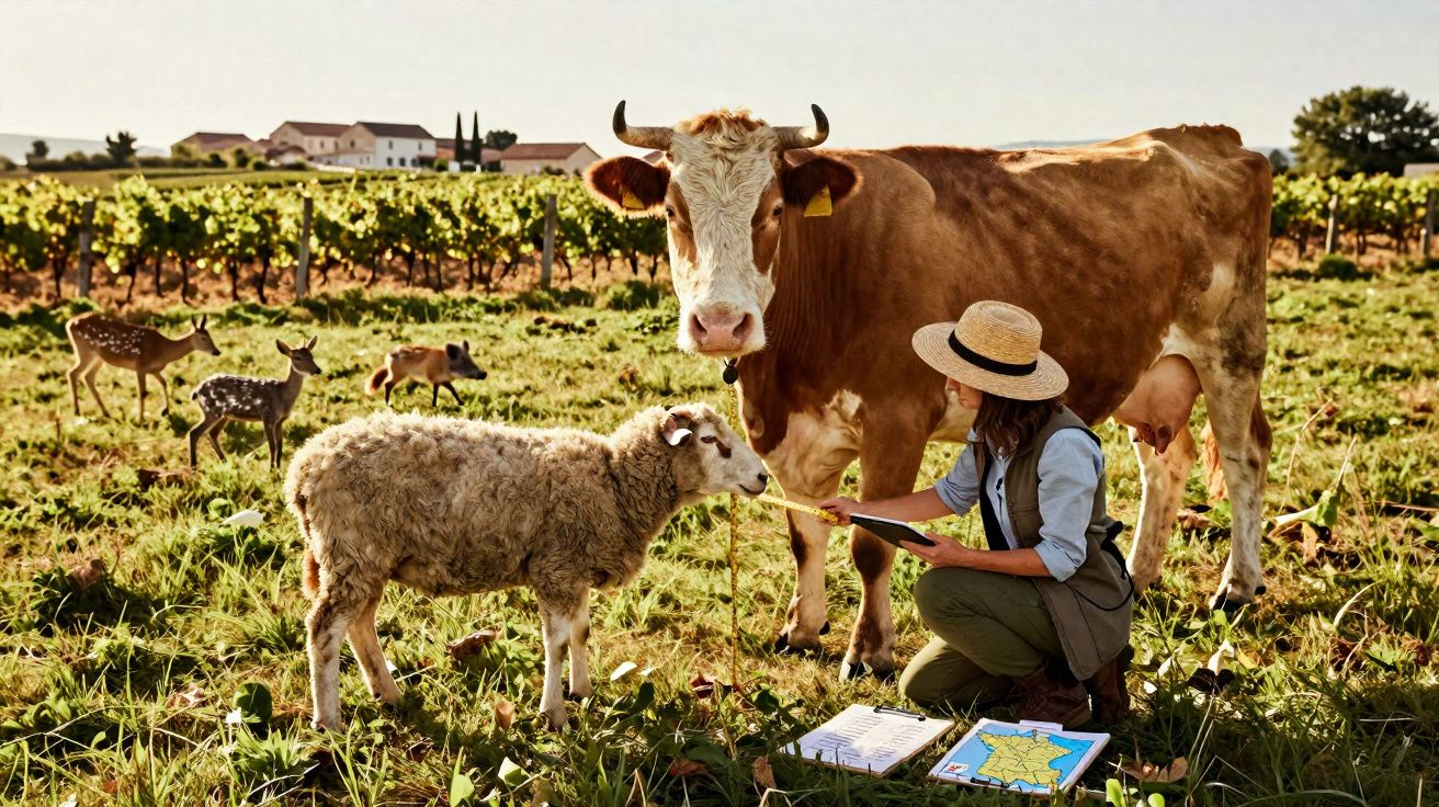 Pessoa agachada alimenta ovelha com vaca e cervos ao fundo em campo ensolarado.