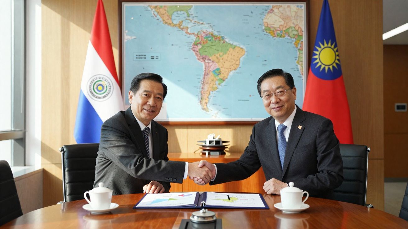 Dois homens de terno apertando as mãos à mesa com mapas e xícaras, bandeiras do Paraguai e Taiwan ao fundo.