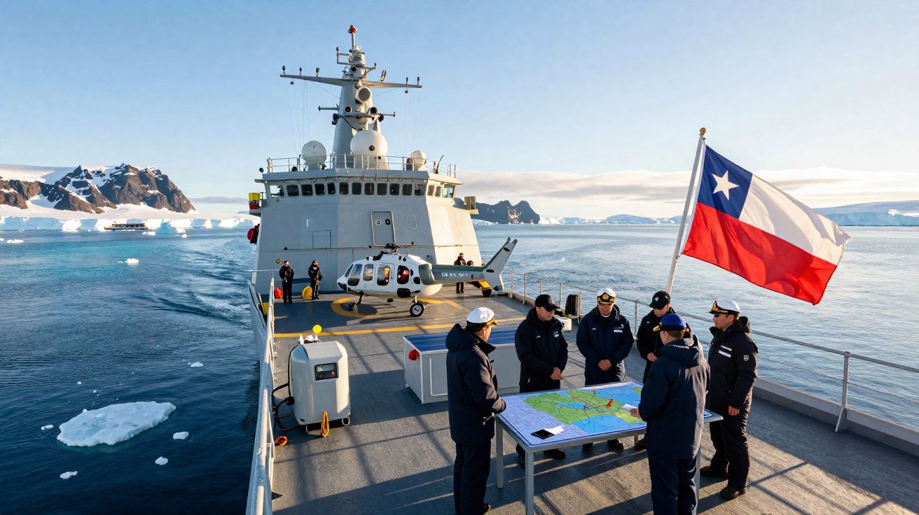 Marinheiros chilenos reunidos no convés de navio com helicóptero e bandeira do Chile visível, em águas geladas.