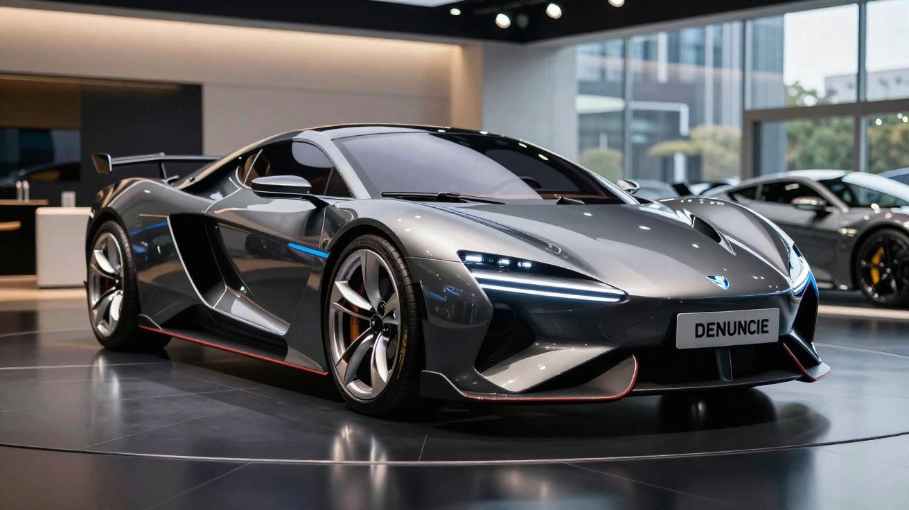 Carro esportivo cinza metálico com design aerodinâmico exposto em showroom moderno.