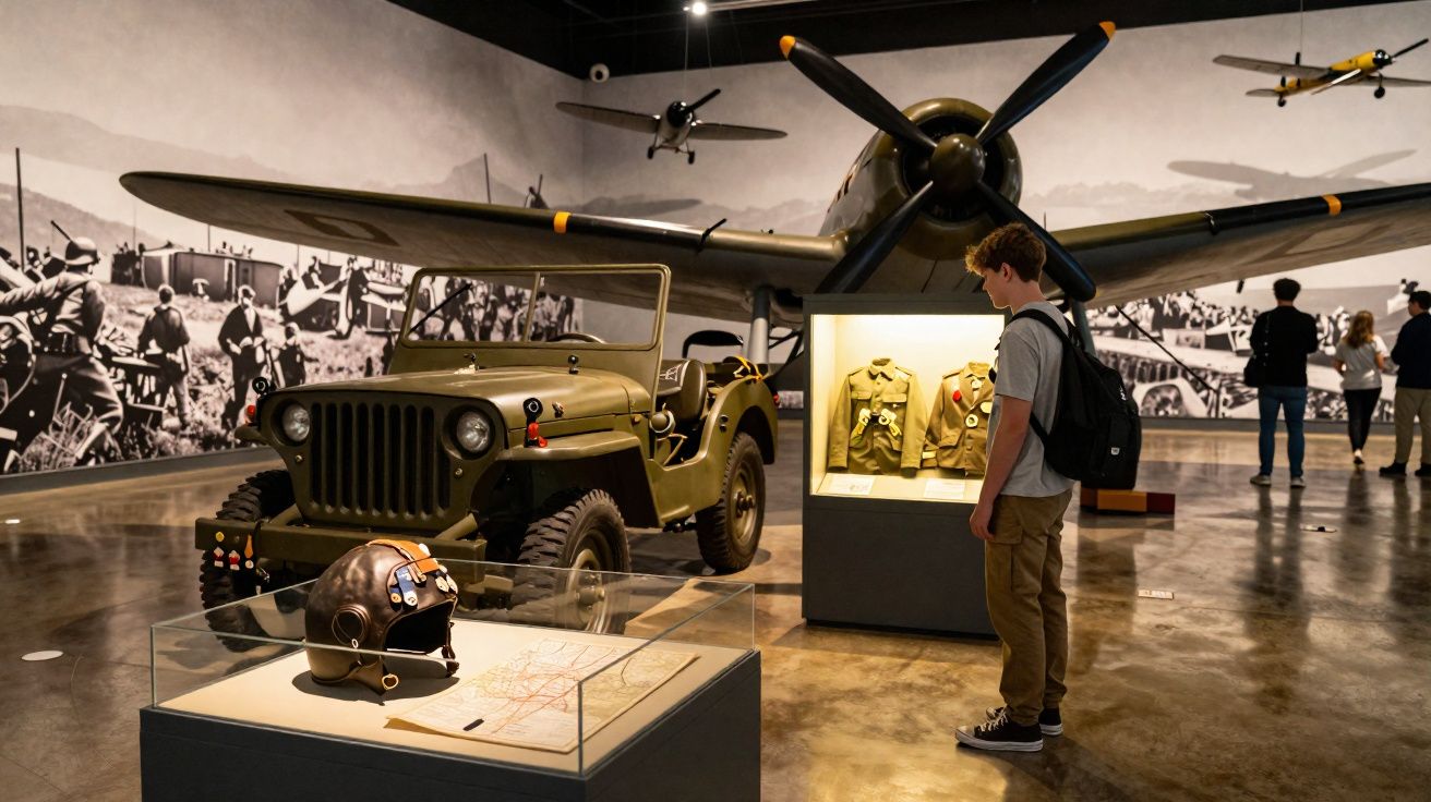 Museu com artefatos militares, incluindo jipe, capacete, uniformes e avião de guerra expostos.