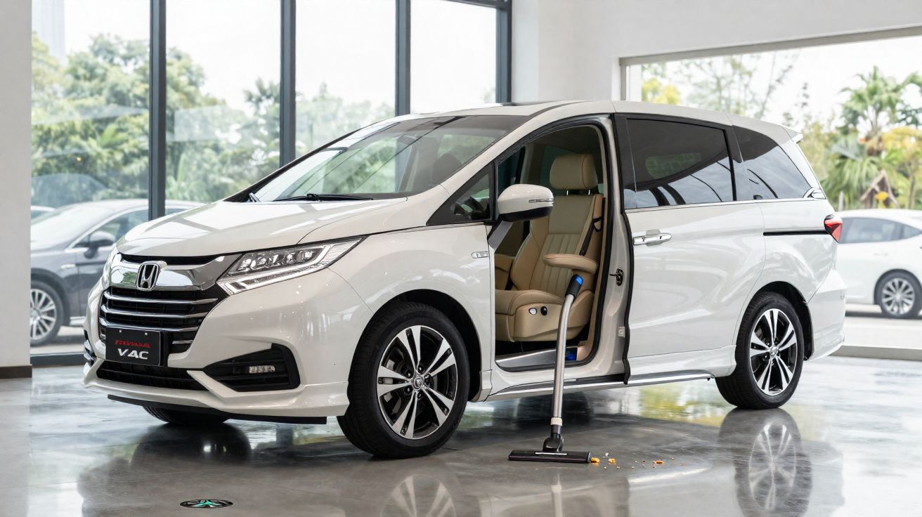 Van branca Honda Odyssey estacionada em showroom com porta lateral aberta e aspirador de pó no chão.