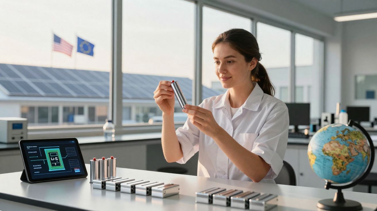 Mulher cientista analisando bateria em laboratório com tablet e globo terrestre na mesa.