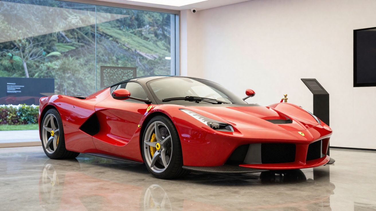 Carro esportivo Ferrari LaFerrari vermelho exibido em showroom com piso refletivo e janela panorâmica.
