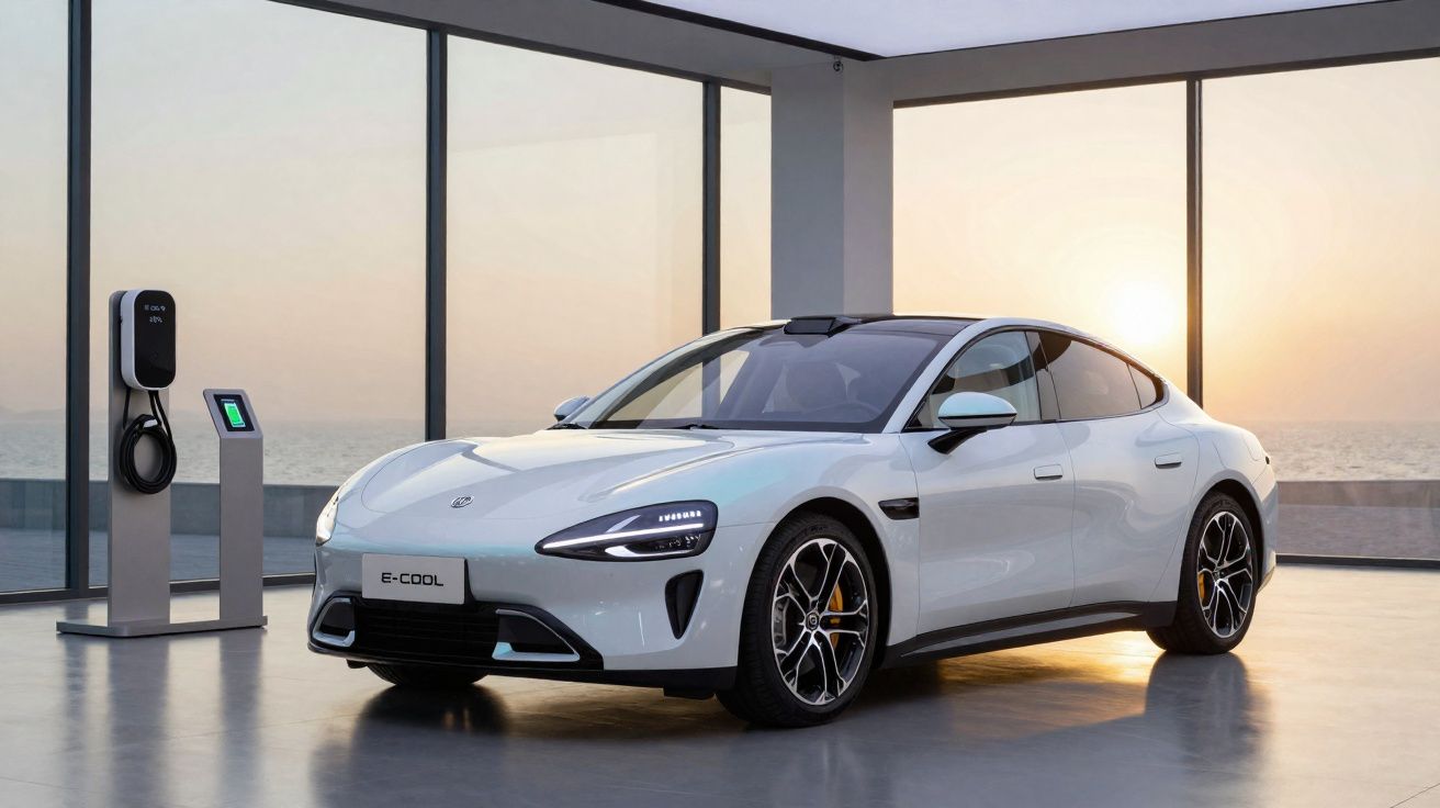 Carro elétrico branco estacionado em sala com vidro, próximo a carregador, pôr do sol ao fundo.