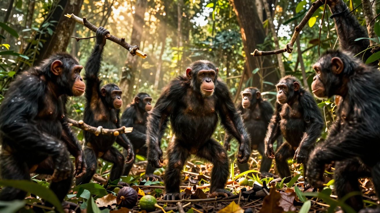 Grupo de chimpanzés com gravetos em floresta iluminada pelo sol.