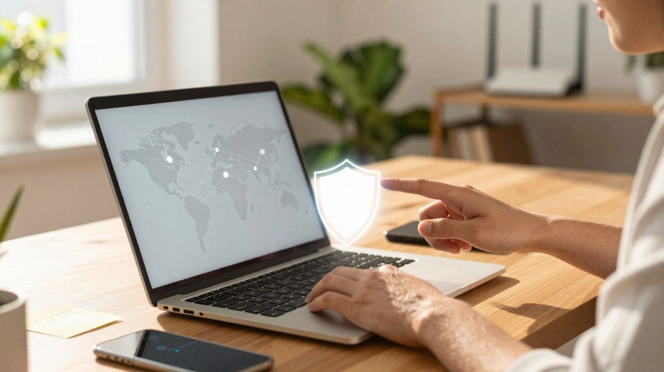 Pessoa usando laptop com mapa-múndi na tela e ícone de escudo luminoso, simbolizando segurança digital.