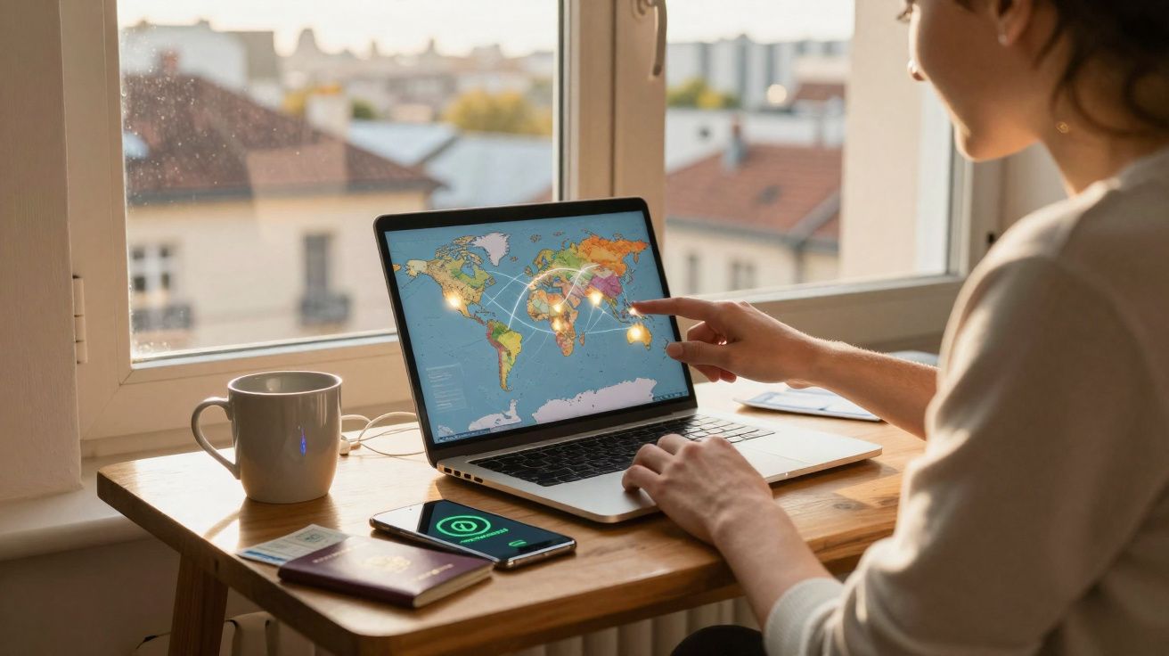 Pessoa aponta para mapa-múndi em laptop com smartphone, passaporte e caneca sobre mesa perto da janela.