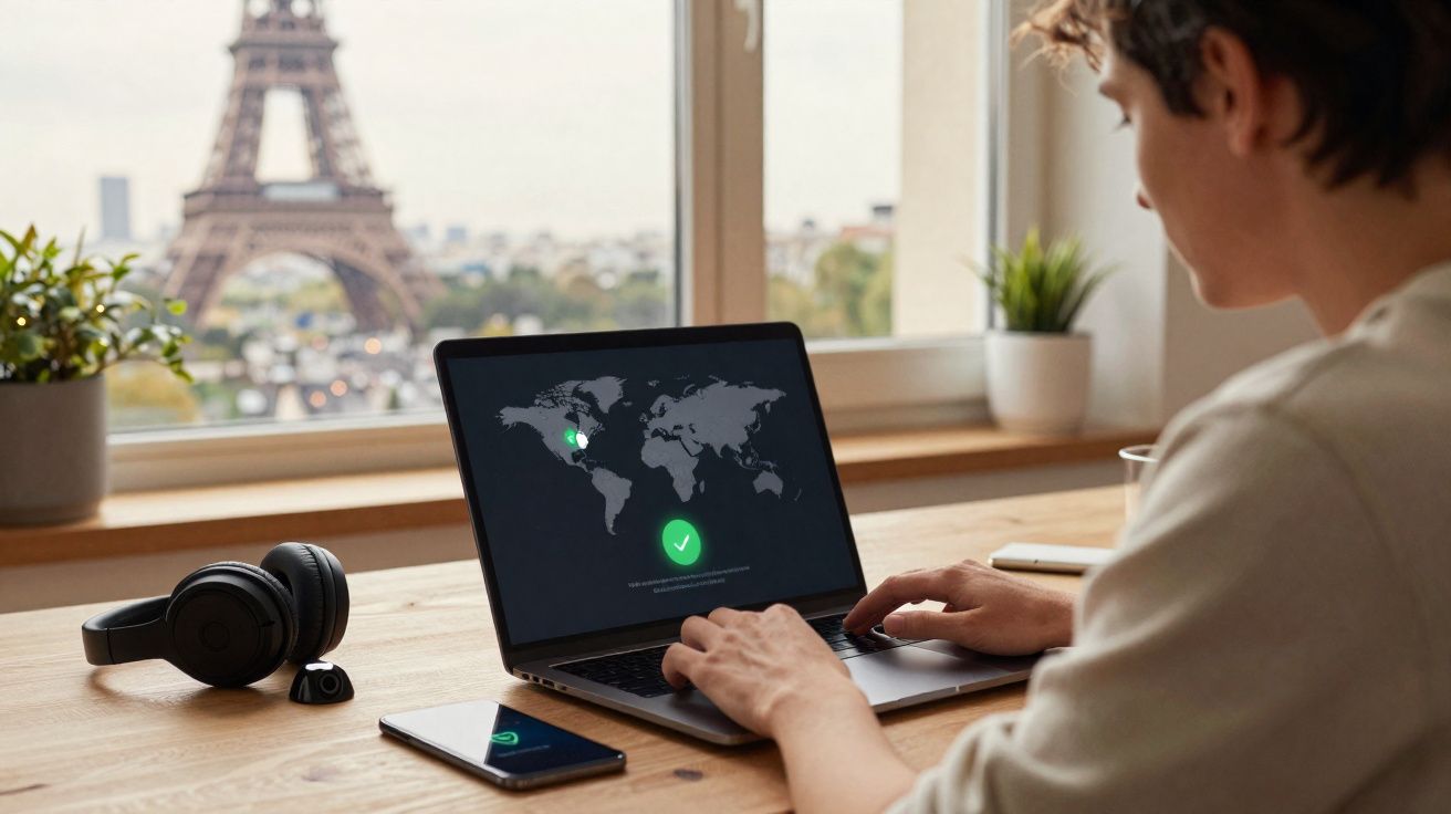 Pessoa usando laptop com mapa-múndi na tela, janela ao fundo com vista da Torre Eiffel em Paris.