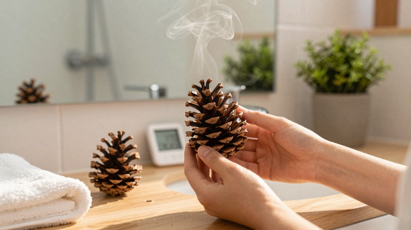 Mãos segurando uma pinha com fumaça saindo, sobre bancada de banheiro com toalha branca e planta.