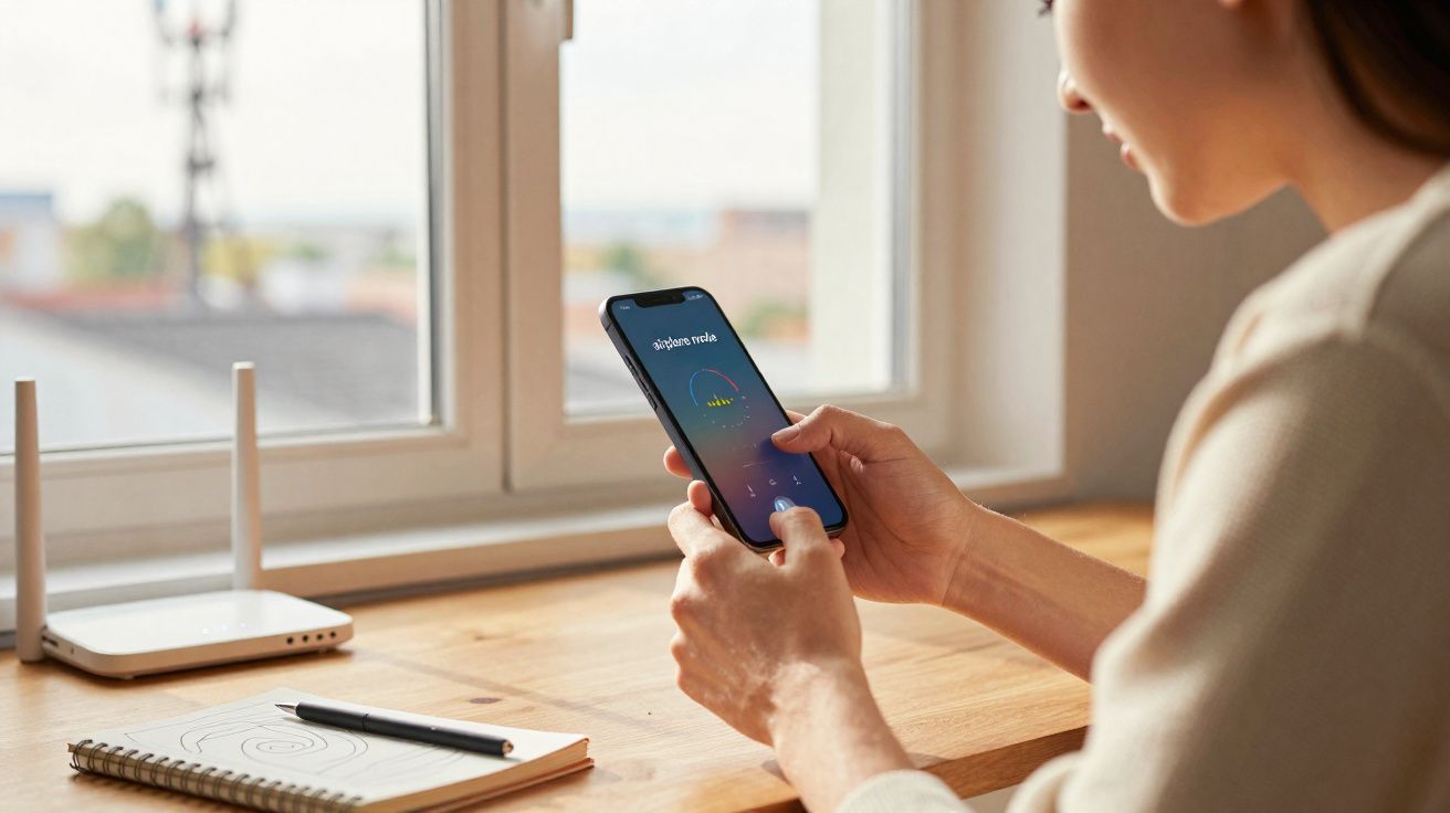Pessoa usando smartphone para controlar dispositivo de internet via aplicativo, perto de roteador em mesa de madeira.