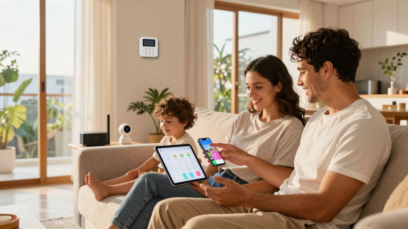 Família sentada no sofá usando dispositivos digitais para gerenciar sistema de segurança inteligente da casa.