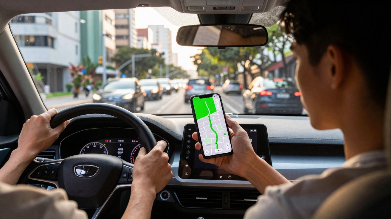 Motorista e passageiro dentro de carro em trânsito urbano, com passageiro segurando celular mostrando aplicativo de navegação