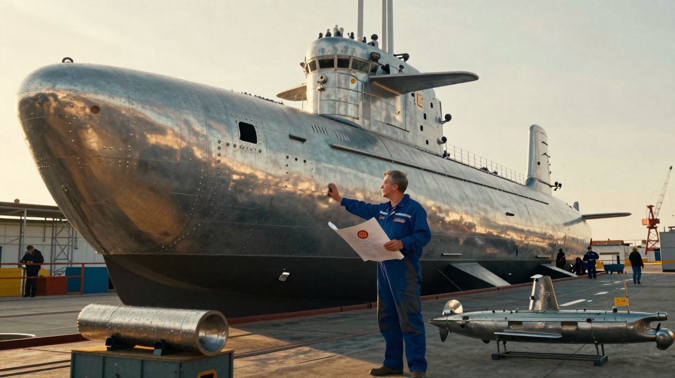 Homem em macacão azul inspecciona submarino prateado em doca com outras pessoas ao fundo.