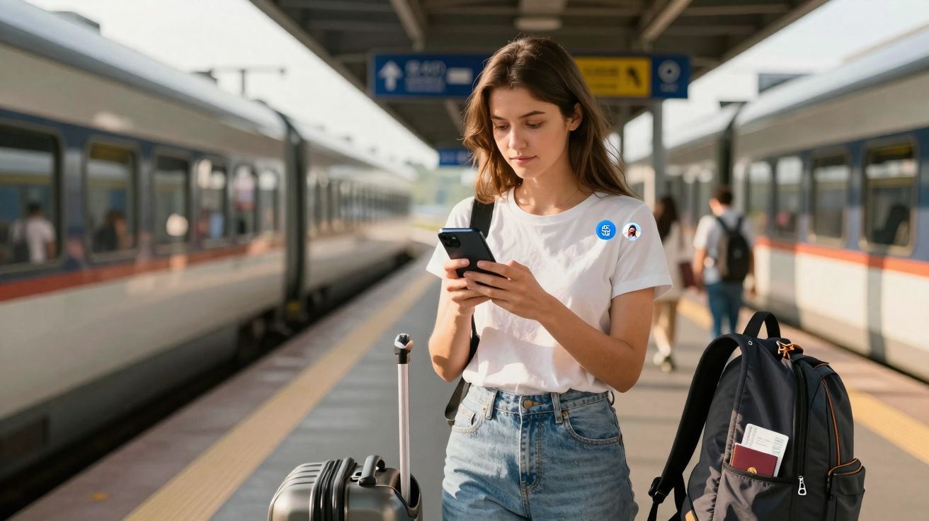 Jovem mulher usando celular na plataforma de trem com malas e mochilas ao redor.