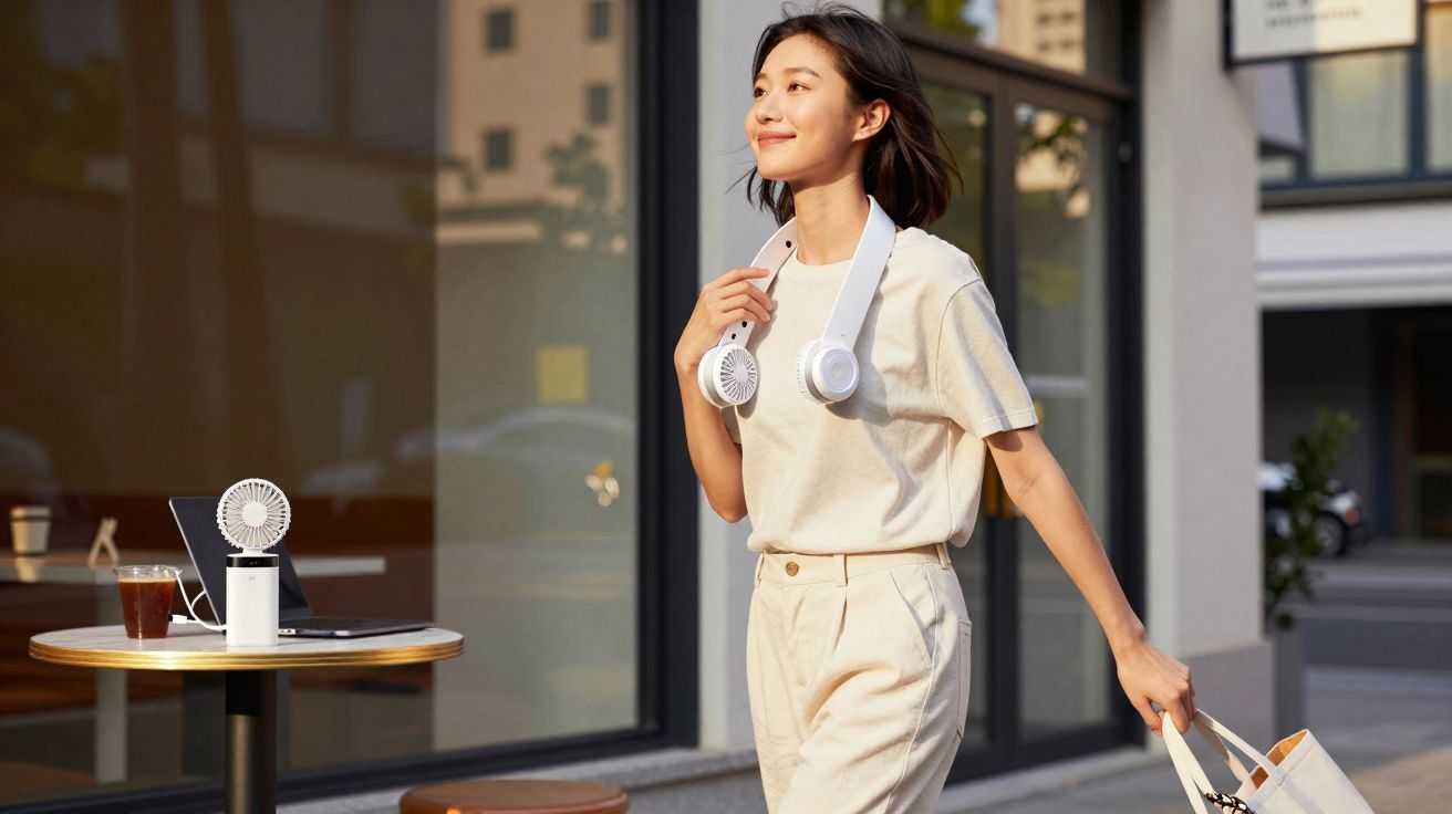 Mulher jovem caminhando com ventilador portátil no pescoço, próxima a uma mesa com laptop e bebida.