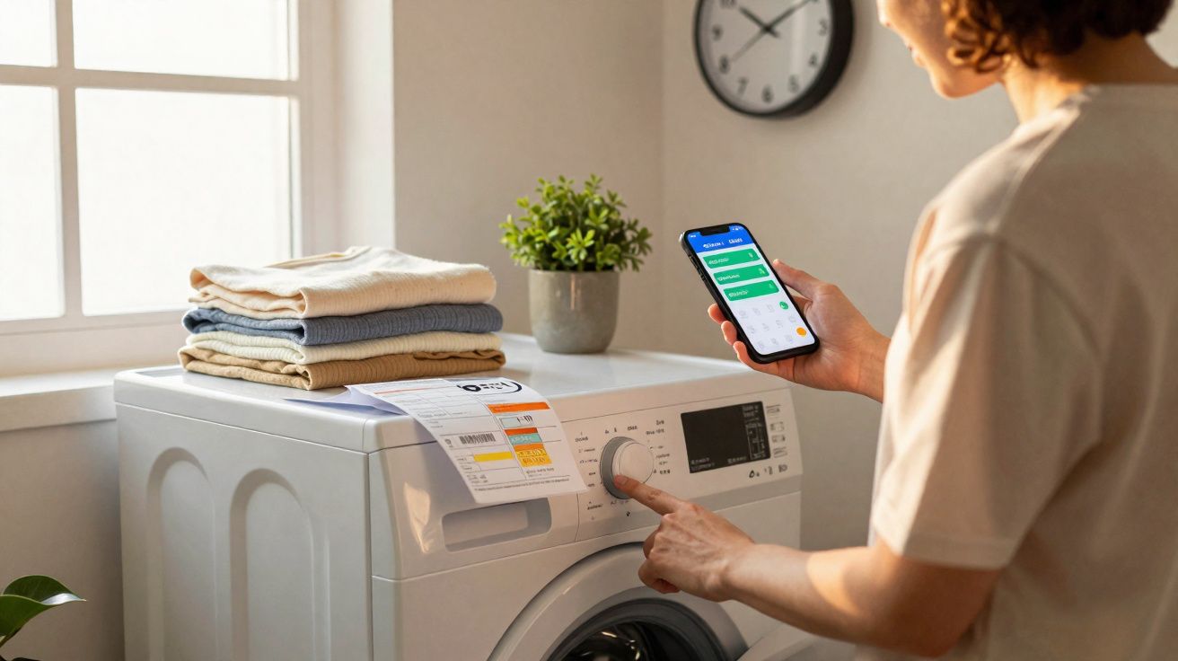 Pessoa usando smartphone para controlar máquina de lavar roupa branca com roupas dobradas e planta ao fundo.
