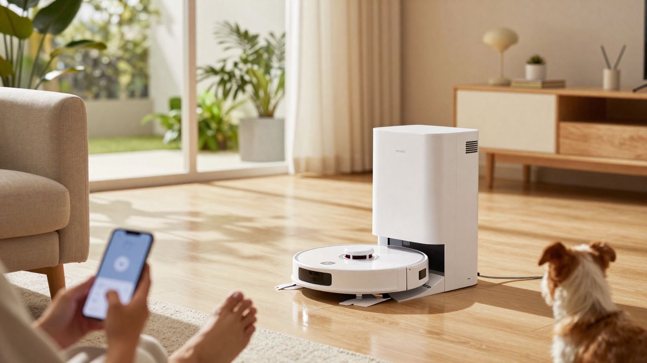 Robô aspirador branco retornando à estação de carregamento em sala de estar com cachorro observando.