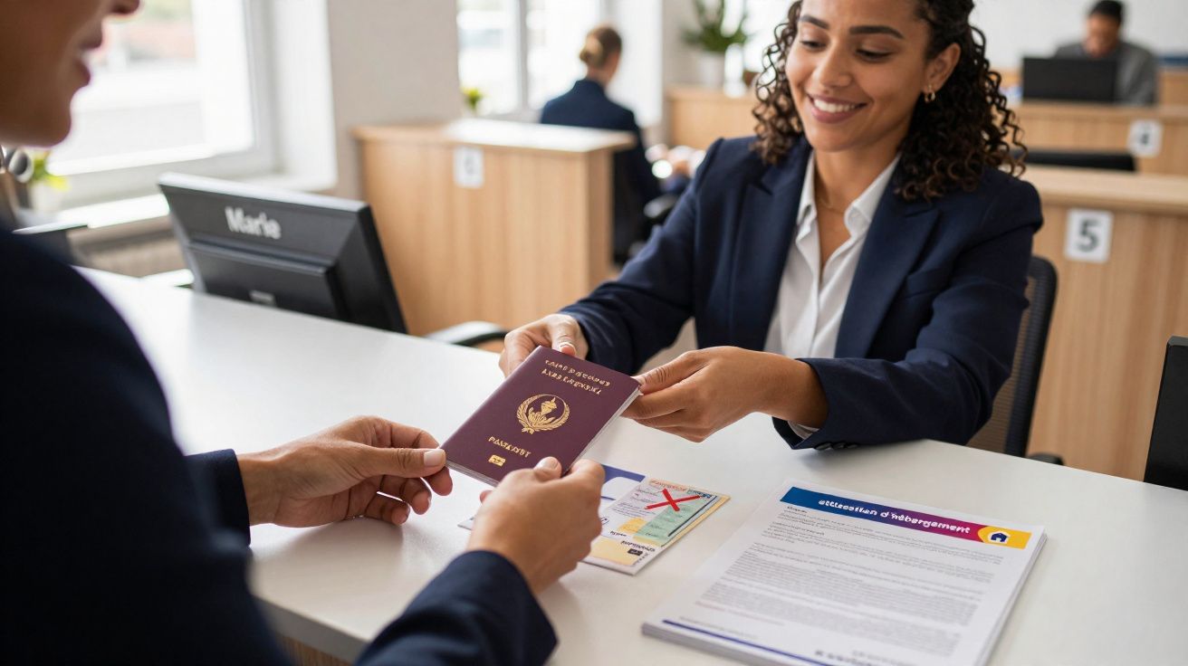 Mulher sorridente entregando passaporte para atendente em balcão de imigração.