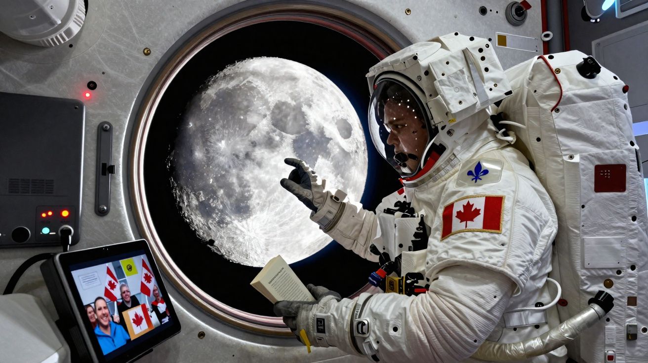 Astronauta canadense em gravidade zero lendo livro na estação espacial, janela mostra a lua cheia ao fundo.