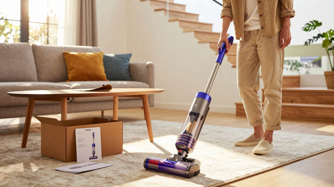 Pessoa limpando tapete da sala com aspirador sem fio próximo a sofá e mesa de centro.