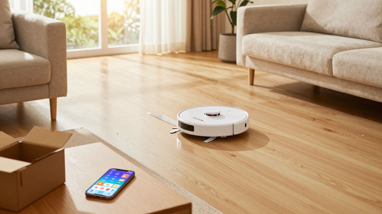 Robô aspirador branco limpando o chão de madeira em sala de estar com sofá e mesa de centro.