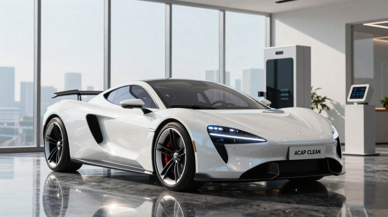 Carro esportivo branco com design moderno estacionado em showroom com piso espelhado e janelas grandes.