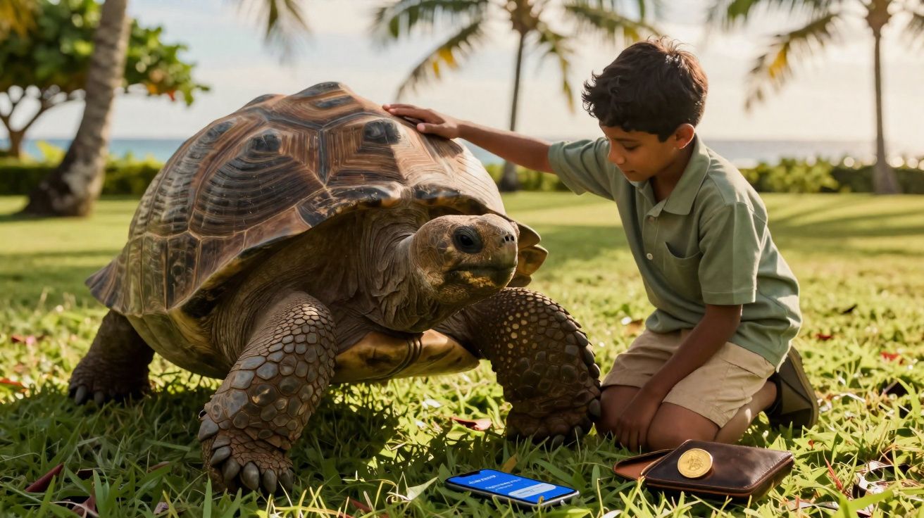 Garoto toca carinhosamente uma tartaruga gigante em gramado com coqueiros ao fundo.