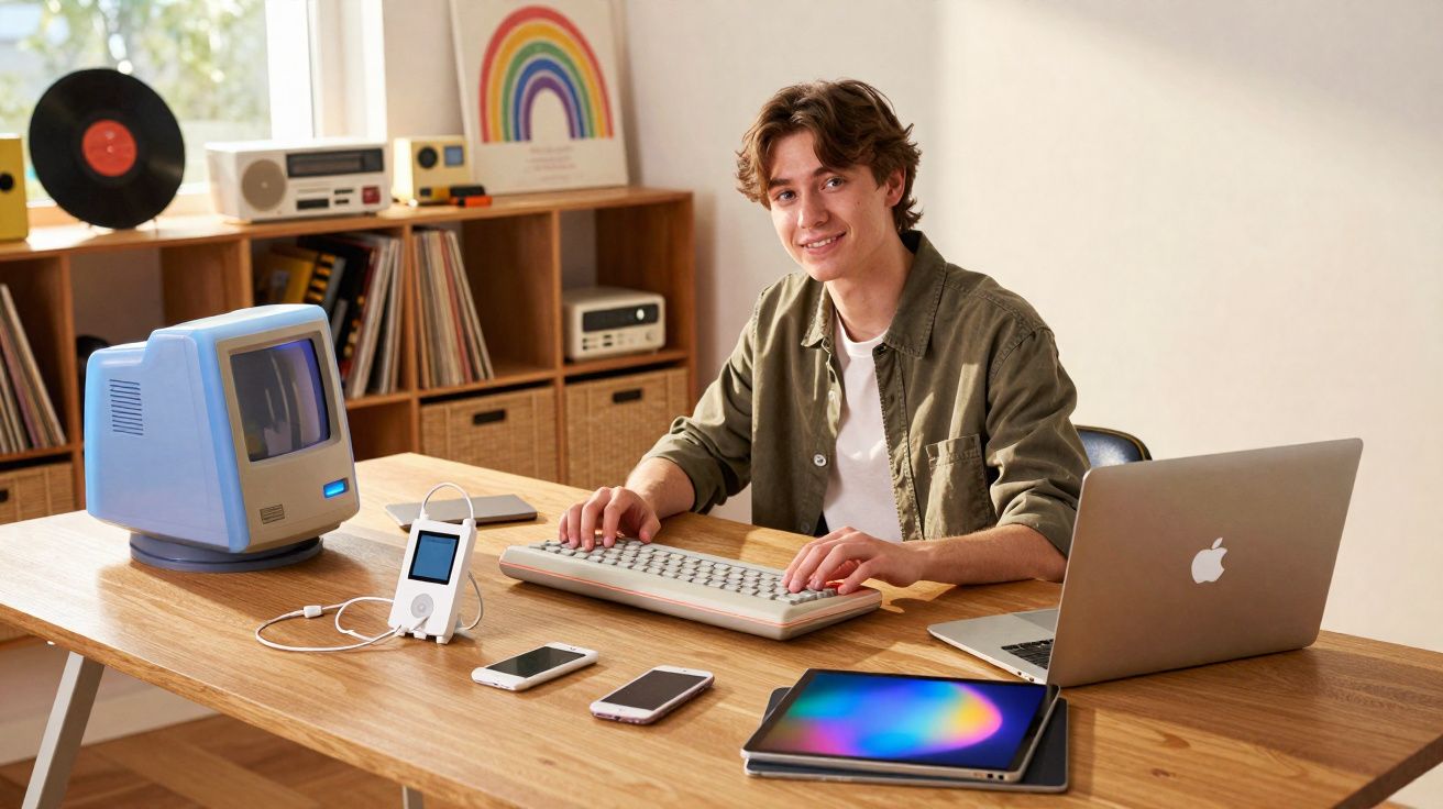 Jovem sorrindo com teclados, computadores e dispositivos eletrônicos retrô e modernos sobre mesa de madeira.