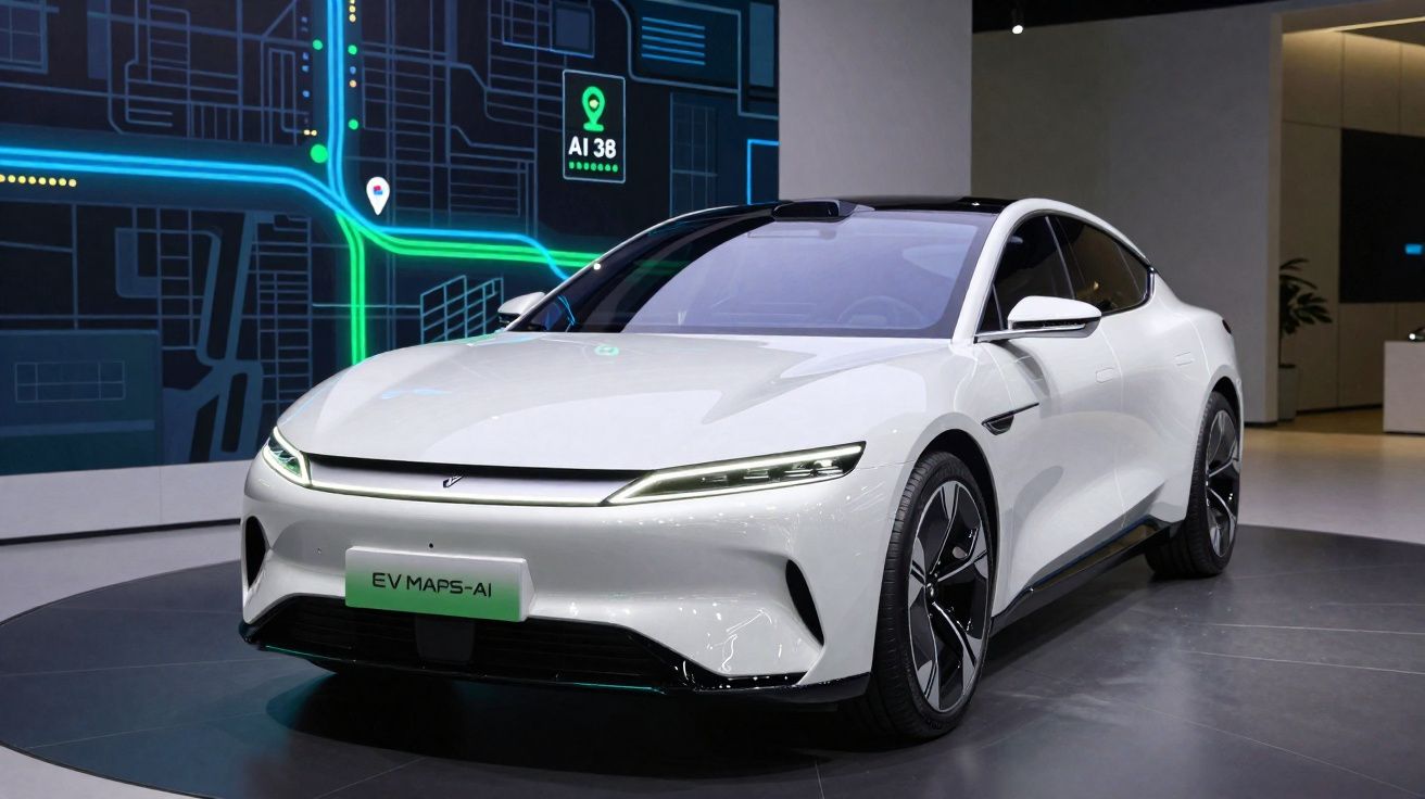 Carro elétrico branco EV MAPS-AI em exposição com mapa digital ao fundo em ambiente interno.