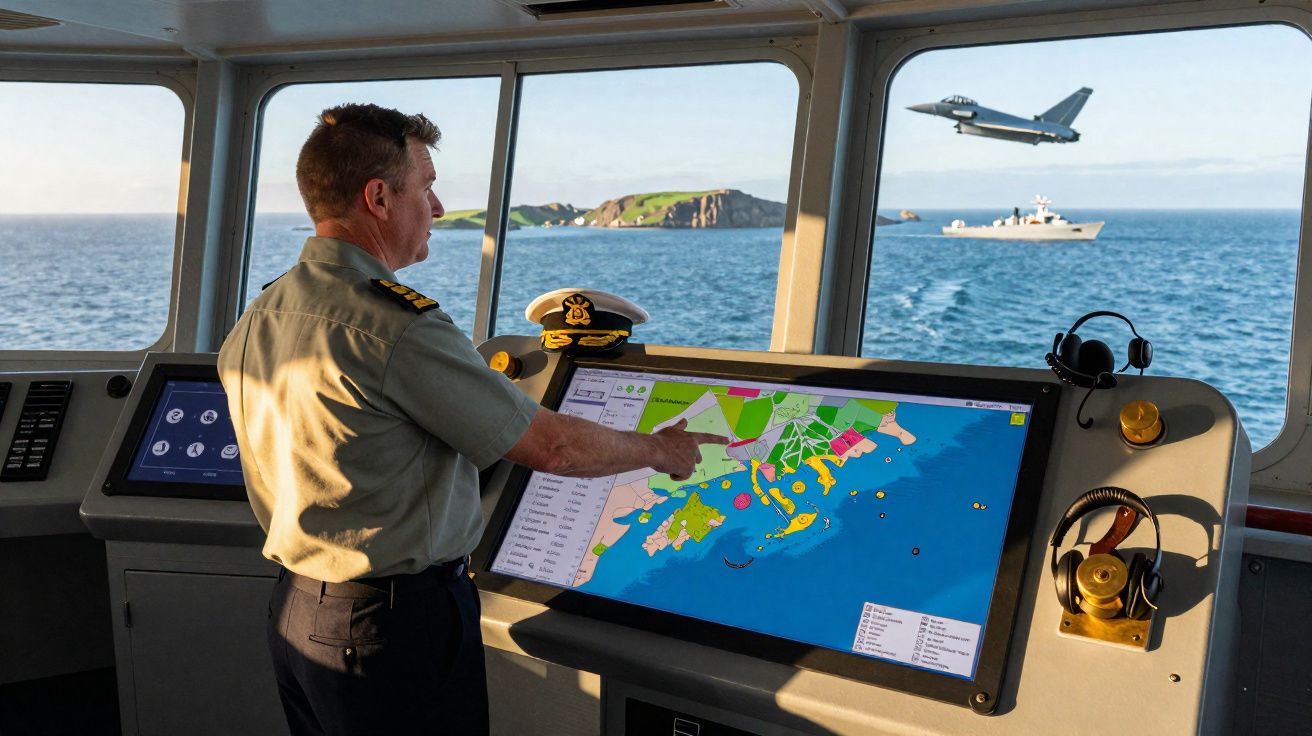 Homem fardado operando sistema de navegação digital em cabine de navio com avião e barco no mar ao fundo.