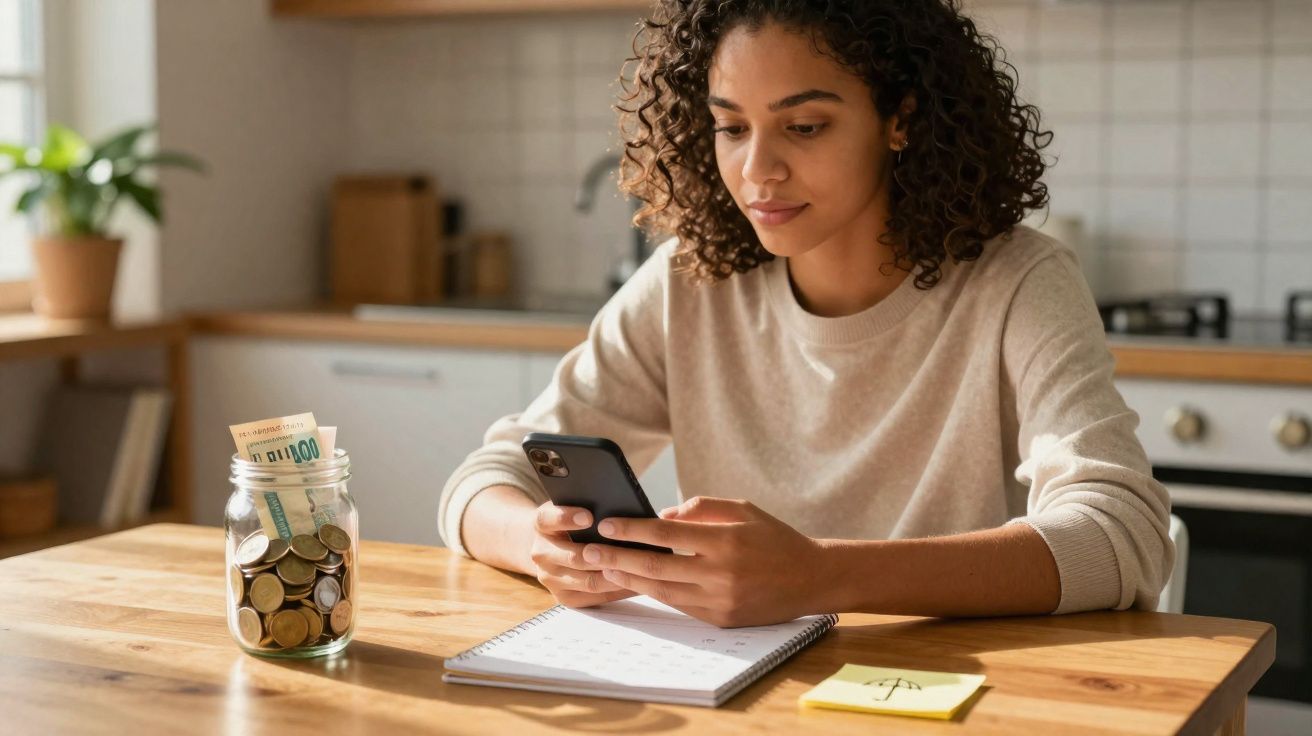 Jovem sentada à mesa com celular e caderno, ao lado de um pote com moedas e notas de dinheiro.