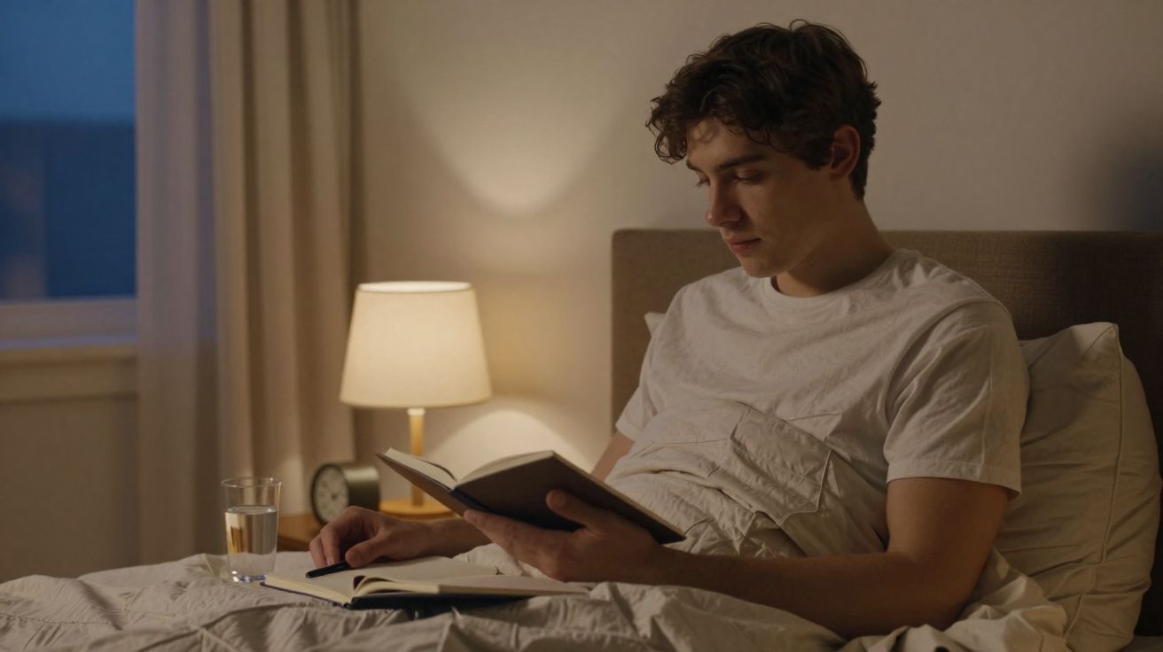 Jovem sentado na cama lendo um livro à noite com luz de abajur, copo de água e caderno ao lado.