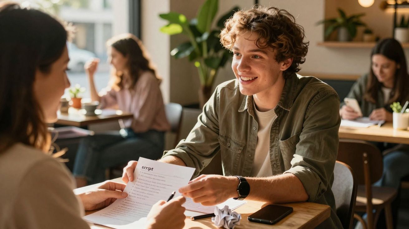 Jovem entrega um roteiro para outra pessoa durante conversa em cafeteria iluminada e cheia de plantas.