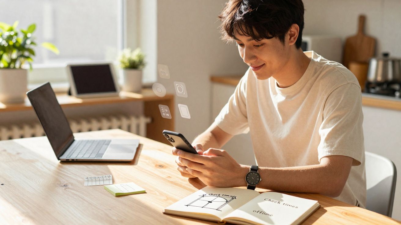 Jovem sentado à mesa usando celular, com notebook aberto, caderno e plantas ao fundo.