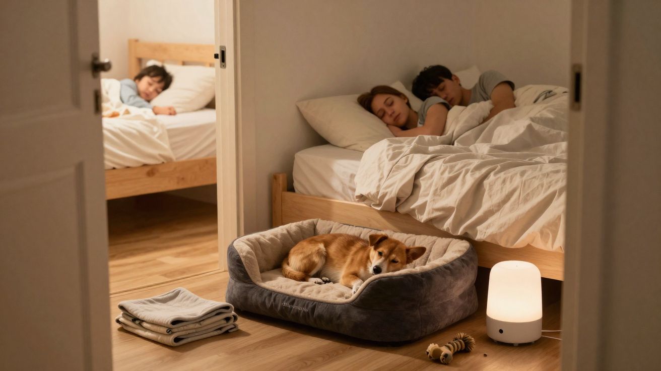 Casal dormindo na cama, criança dormindo em quarto ao lado e cachorro deitado na caminha no chão.