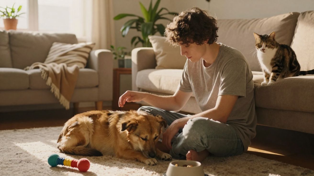 Jovem sentado no chão acariciando cachorro, com gato sentado no sofá em sala de estar iluminada.