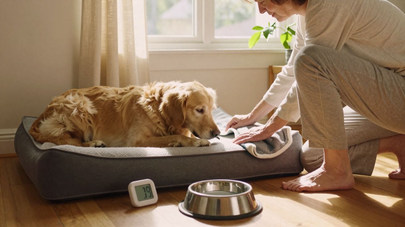 Mulher cuidando de cachorro Golden Retriever deitado em cama, próximo a comedouro e termômetro no chão.