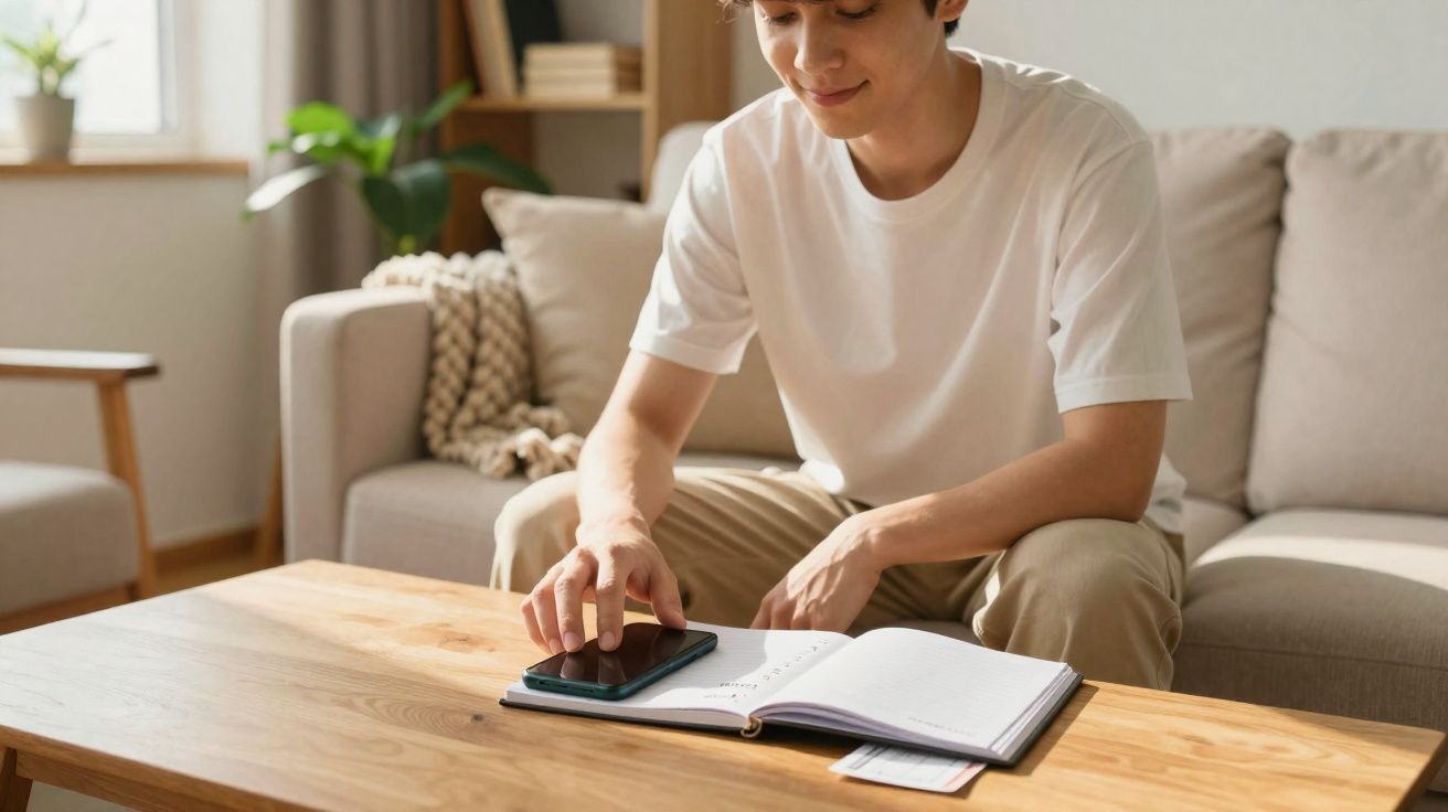 Pessoa sentada no sofá usando celular sobre uma mesa de madeira com um caderno aberto.