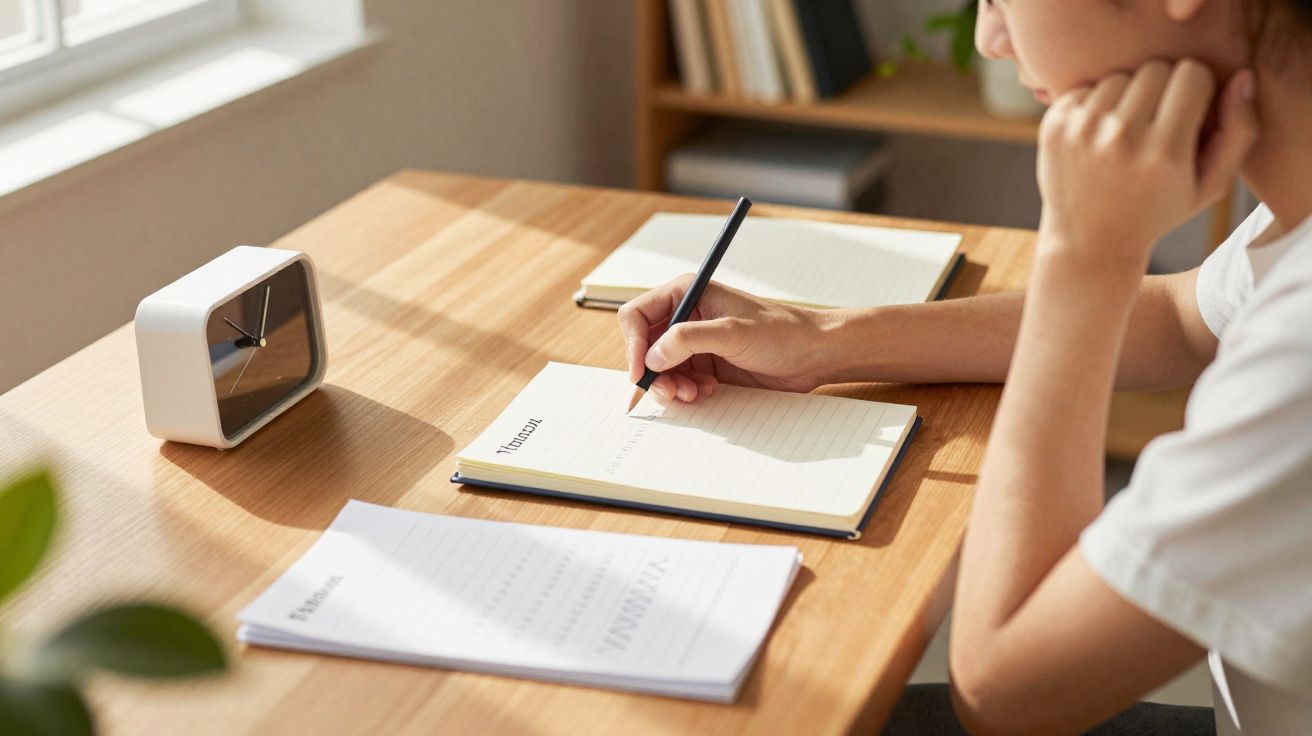 Pessoa escrevendo em caderno sobre mesa de madeira com relógio branco e livros ao fundo.